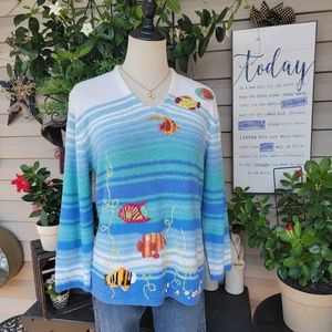 SUSAN BRISTOL ♡ Gorgeous Colorful Embroidered Sequin Fishies 'n Shells Sweater S